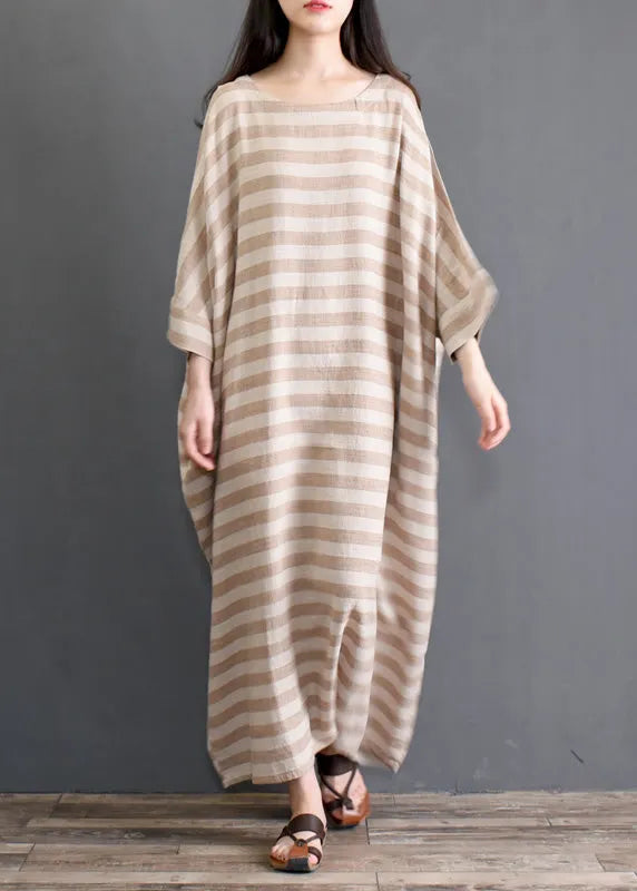 Khaki Striped Patchwork Oversized Cotton Long Dresses O-neck Half Sleeve