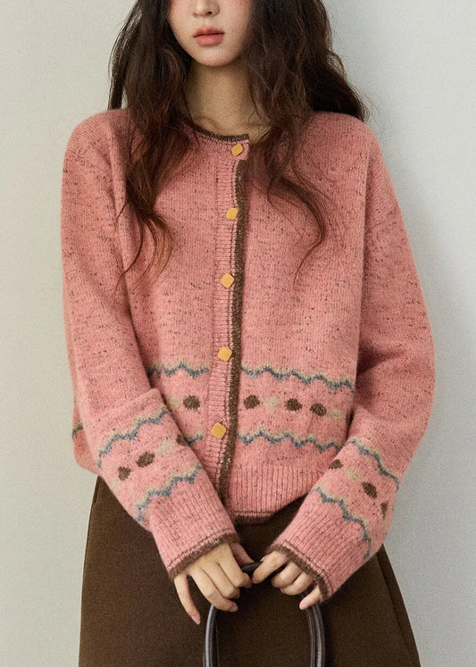 Pink O-neck Print Button Cotton Knit Cardigans Fall