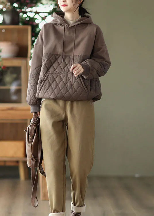 Chocolate Patchwork Fine Cotton Filled Pullover Sweatshirt Drawstring Winter