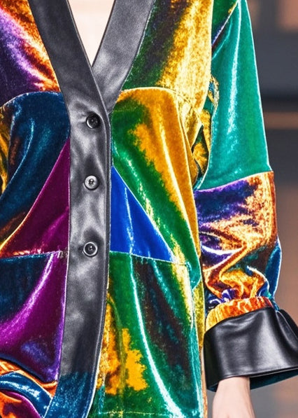 Multicolou V Neck Patchwork Silk Velour Coats Fall