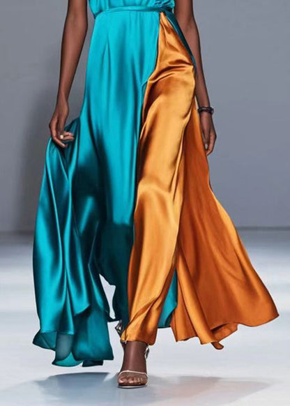 Green V Neck Patchwork Exra Large Hem Silk Cami Dress Summer