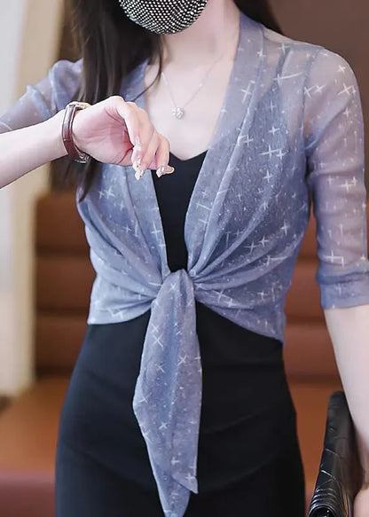 Grey Lace Up Tulle Thin Cardigan V Neck Half Sleeve