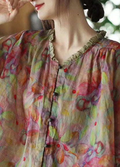 Pink-print2 V Neck Ruffled Print Linen Blouse Top Half Sleeve