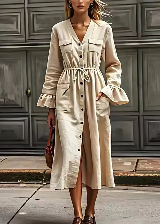 Beige V Neck Drawstring Pockets Cotton Dresses Long Sleeve