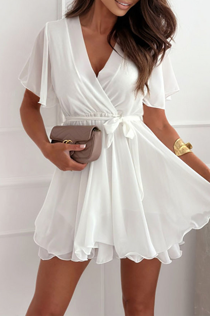 Color Lace Up Ruffle V Neck a Line Dresses(3 Colors)