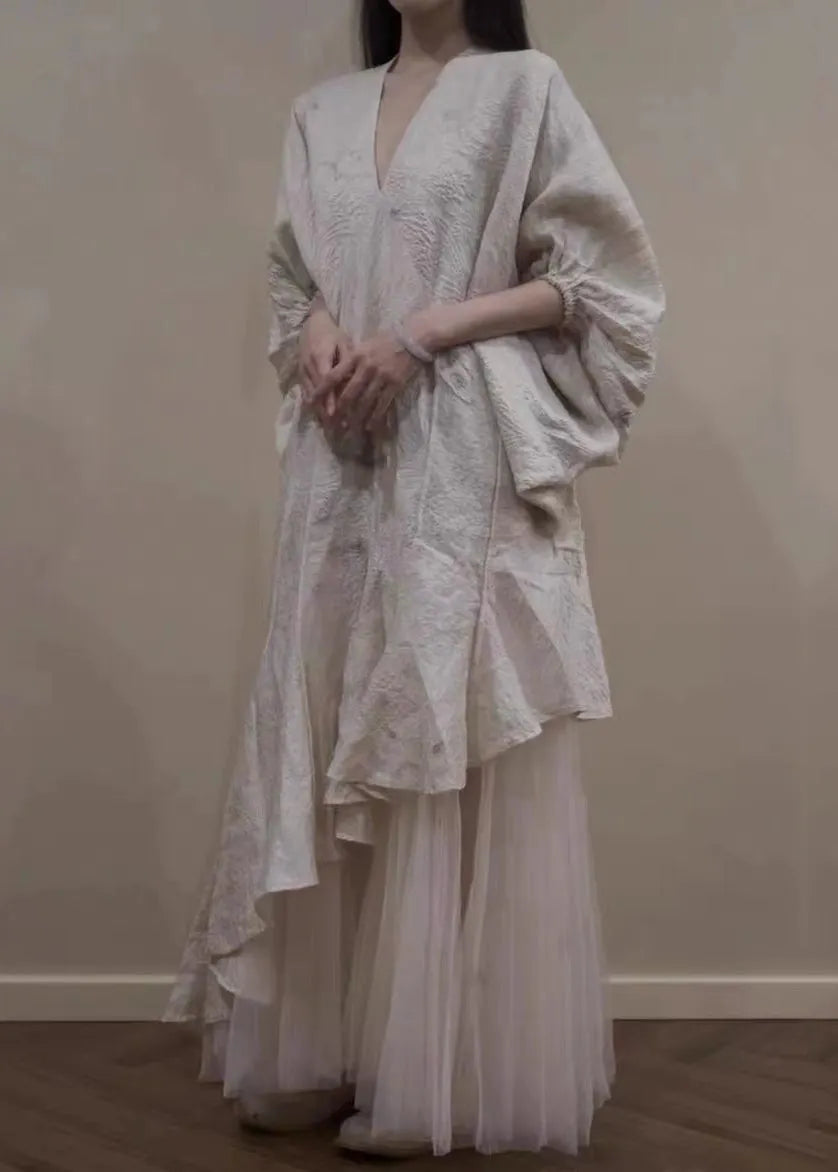 Beige Asymmetrical Tulle Patchwork Maxi Dress Lantern Sleeve