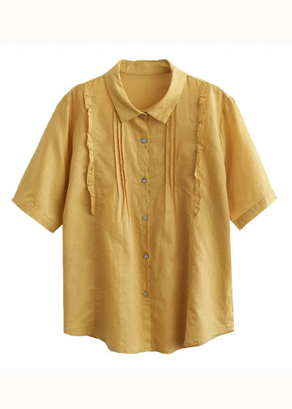 Yellow Peter Pan Collar Ruffled Patchwork Cotton Blouses Summer