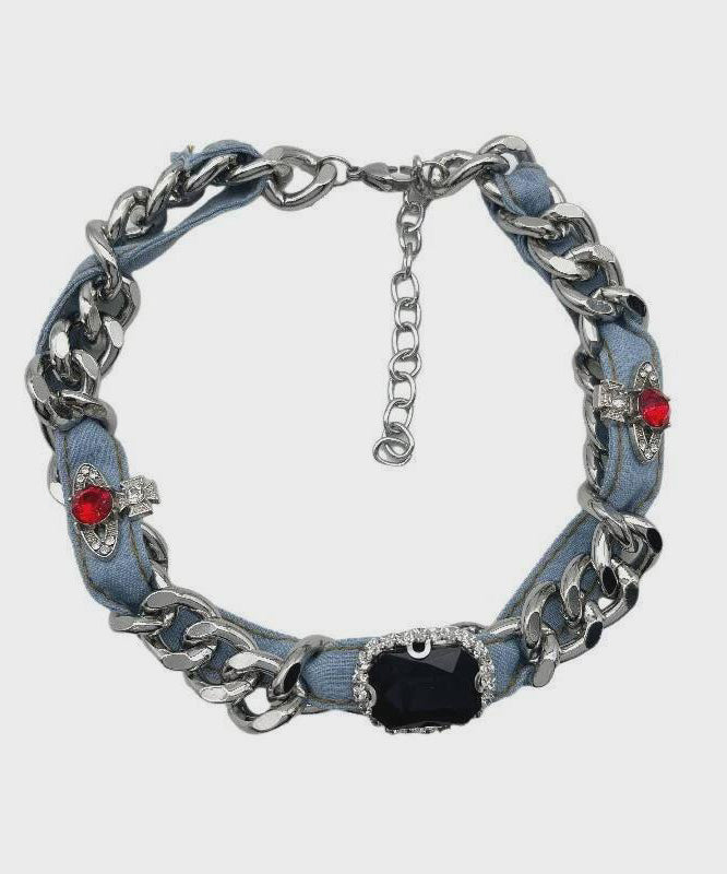 Denim Blue Metal Denim Crystal Chain Collar Necklace