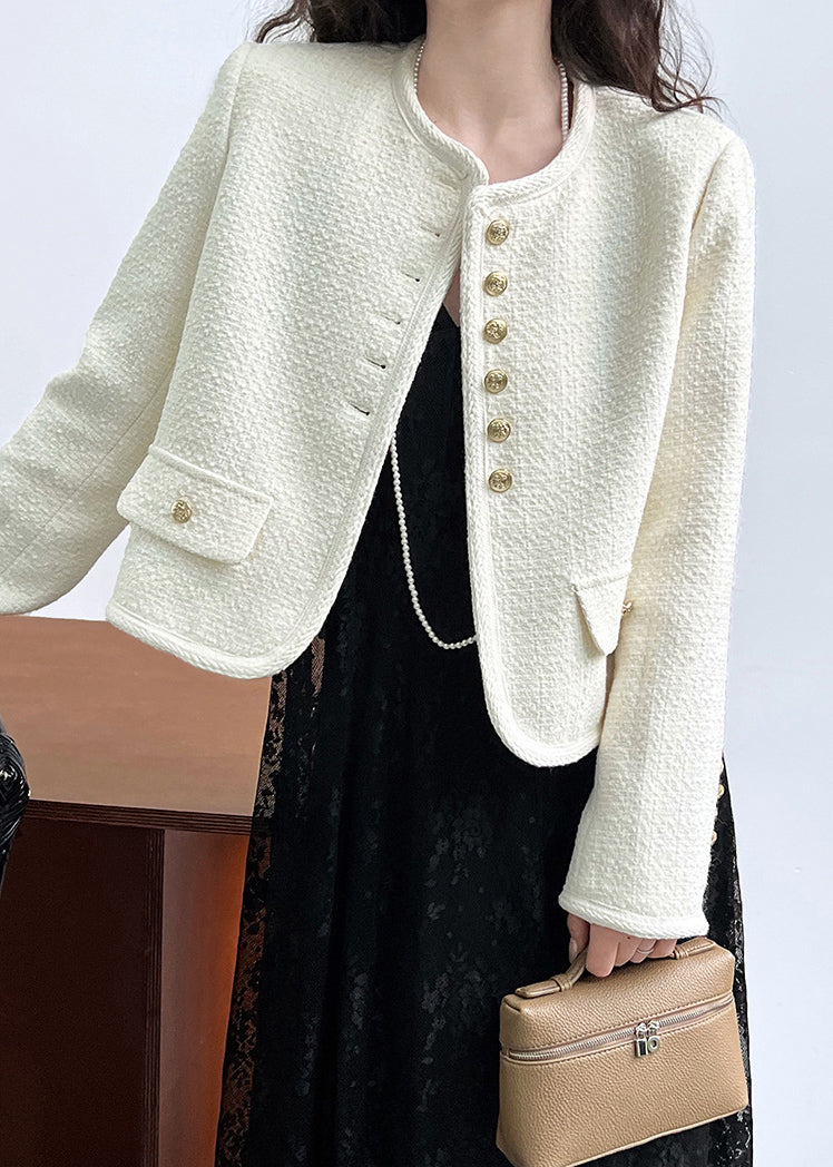 Black O-neck Button Woolen Coat Long Sleeve