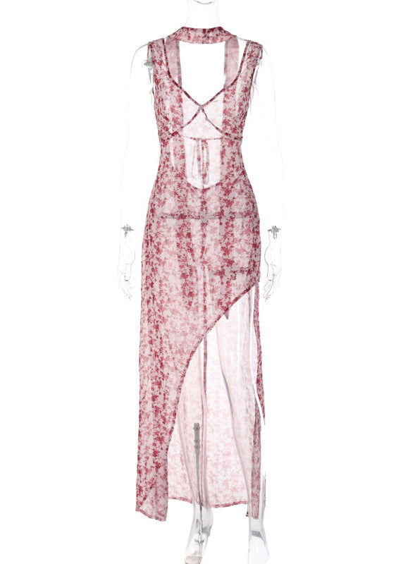 New Print Backless Side Open Spaghetti Strap Dress Dress