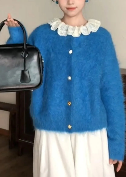 Style Blue O-neck Patchwork Button Ma Hai Mao Cotton Knit Cardigans Fall