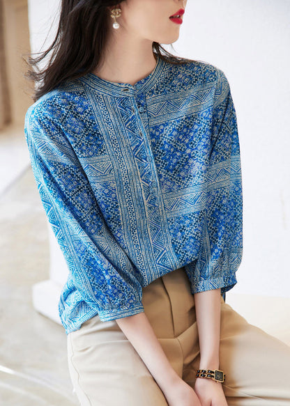 French Green O-neck Print Chiffon Tops Fall