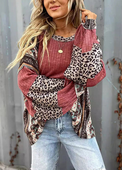 Loose Brick Red O Neck Leopard Patchwork Cotton Top Fall