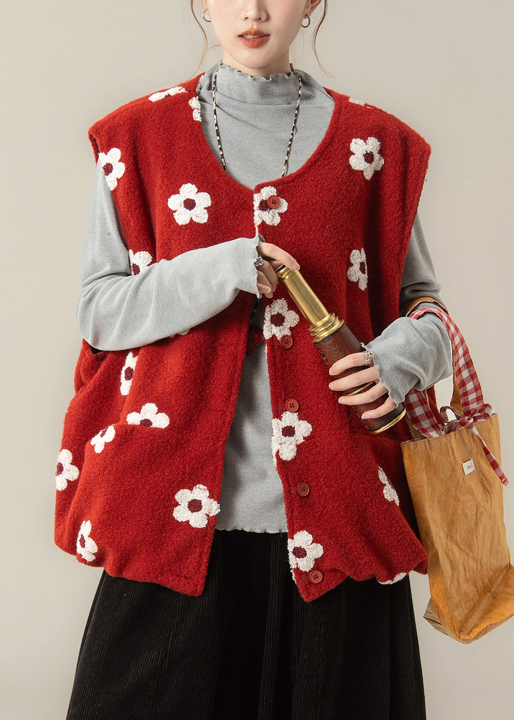 Red Oversized Cotton Vest Top Winter