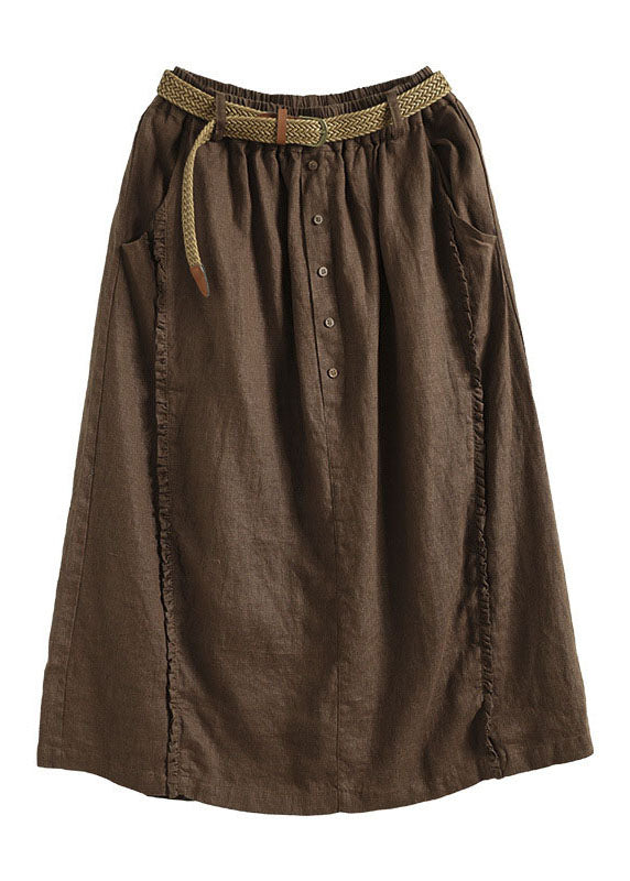 Coffee Ruffled Pockets Patchwork Linen Skirts Summer