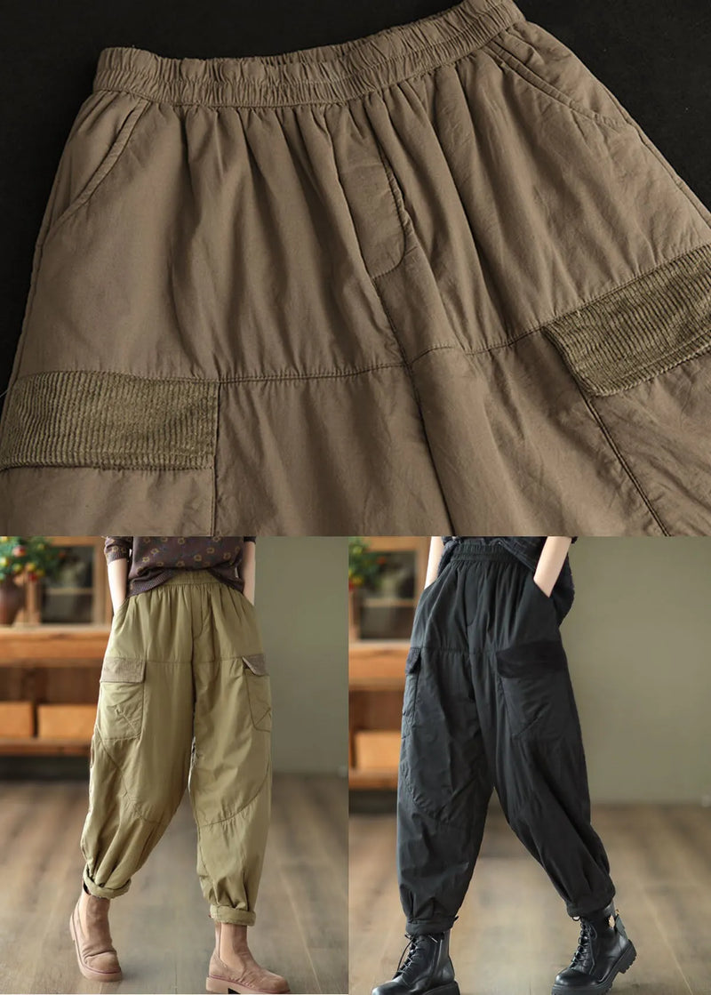 Khaki Elastic Waist Patchwork Fine Cotton Filled Harem Pants Winter