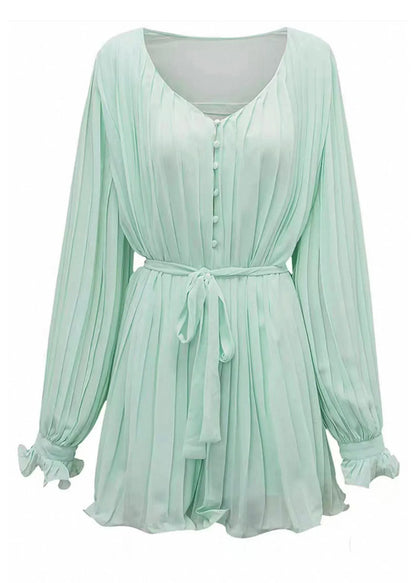 Light Green V Neck Wrinkled Mid Dresses Fall
