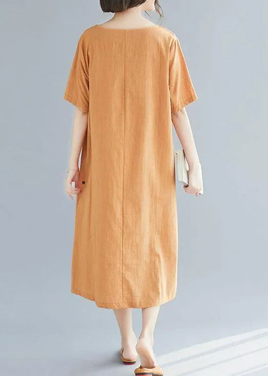 Natural Khaki O Neck Cotton Linen Dresses Button Decorated Summer Dress