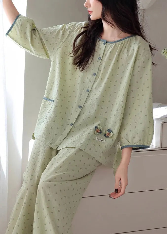 Loose Green O Neck Print Elastic Waist Cotton Pajamas Two Pieces Set Fall
