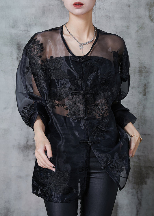 Black Embroidered Hollow Out Organza Blouses Summer
