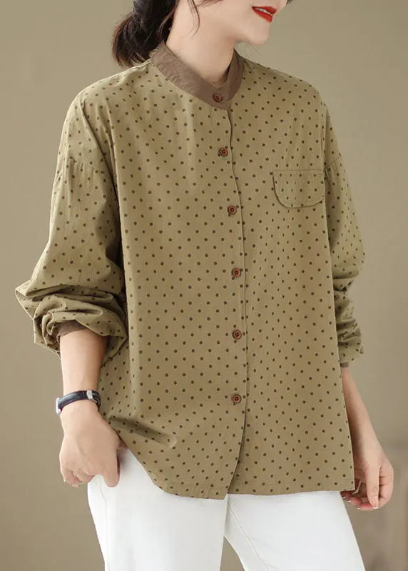 Versatile Green Dot Print Cotton Shirt Fall