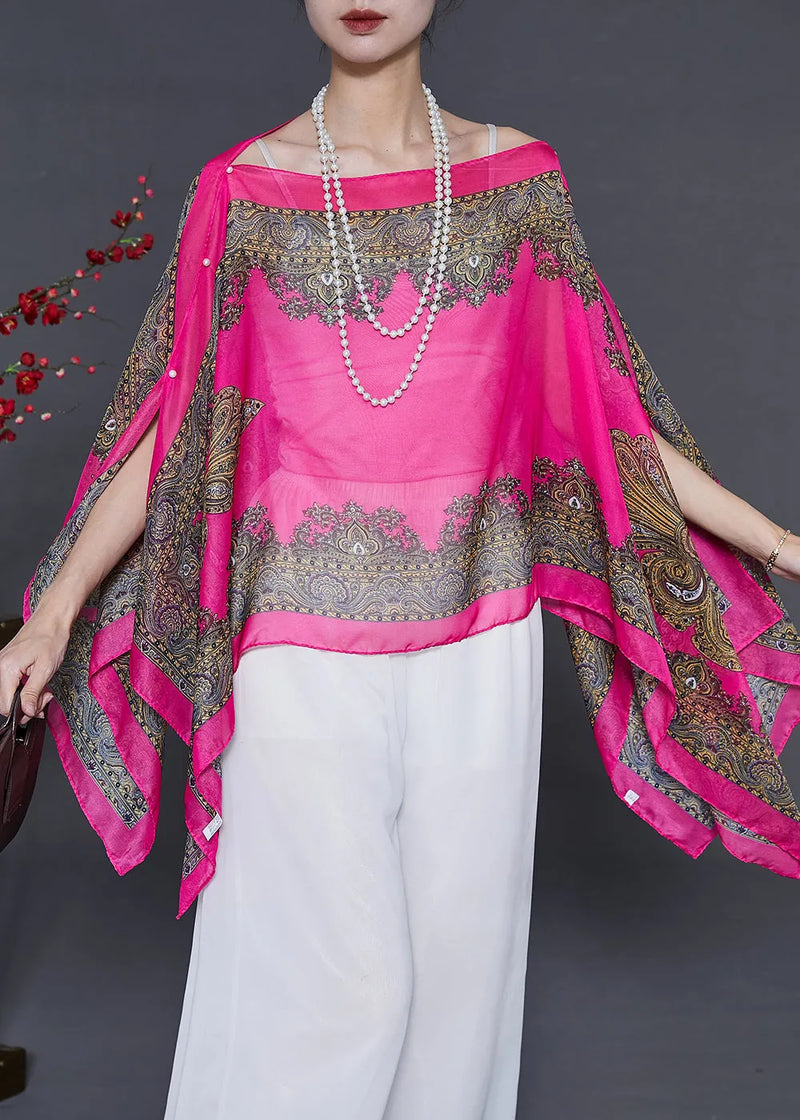 Rose Print Chiffon Tops Slash Neck Asymmetrical Summer