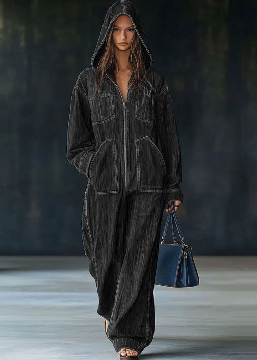 Black Hooded Zippered Patchwork Denim Jumpsuit Fall