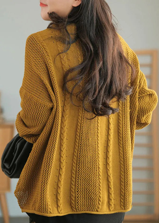 Yellow O-neck Hollow Out Knit Sweaters Fall