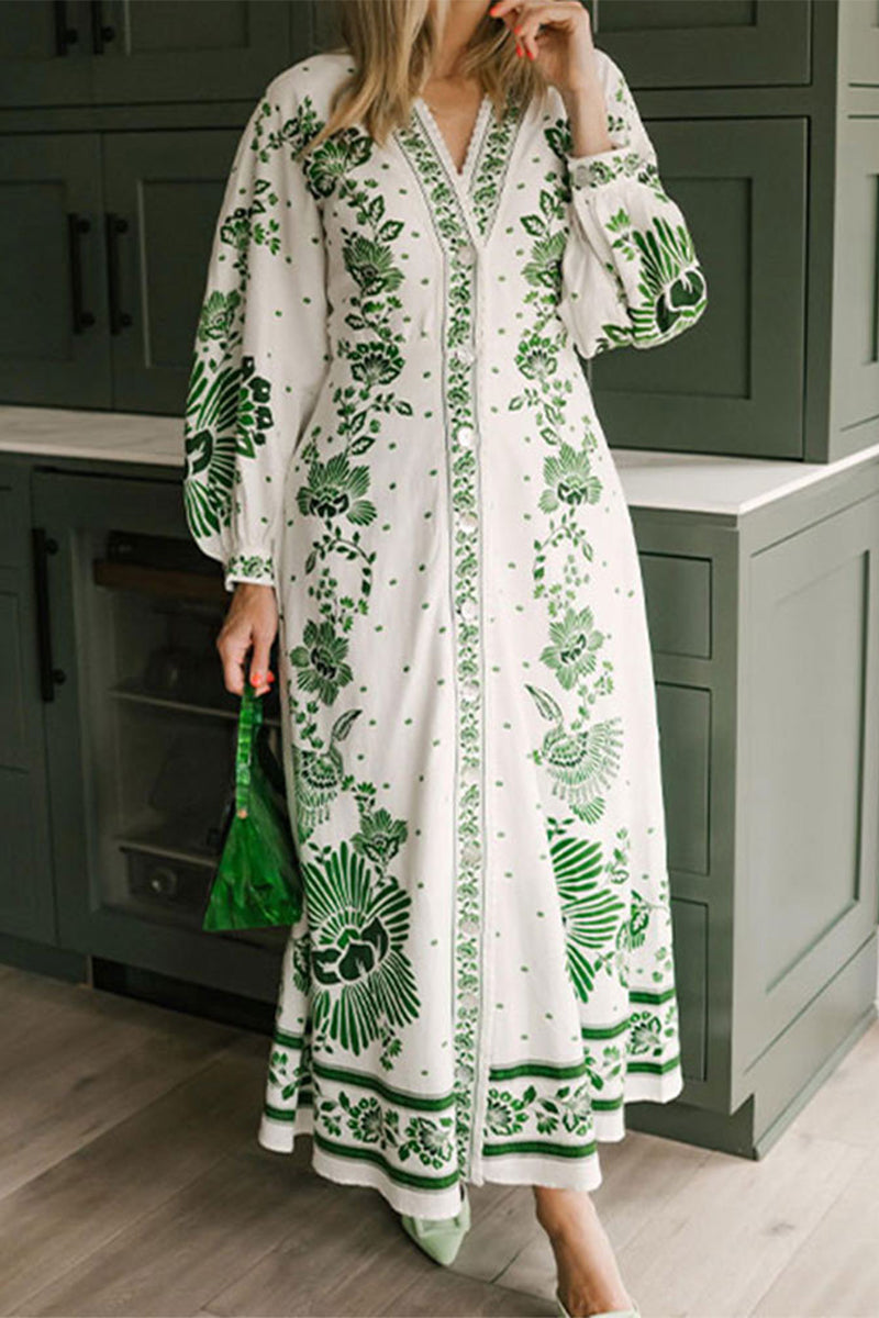 Vacation Print Buckle V Neck Long Sleeve Dresses