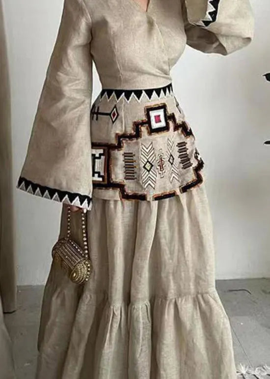 V Neck Print Patchwork Cotton Dress Flare Sleeve