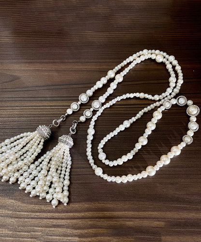 White Sterling Silver Zircon Double Layer Pearl Tassel Gratuated Bead Necklace