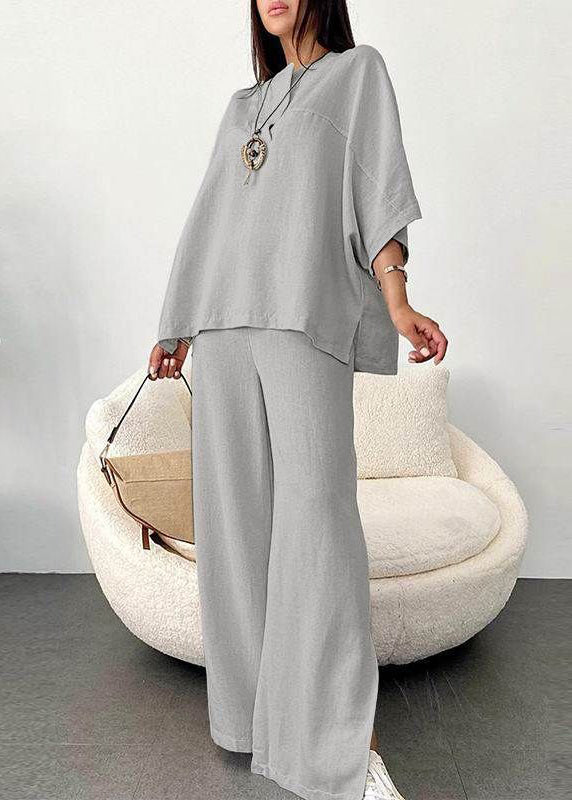 Grey Side Open T Shirts and Wide Leg Pants Two Pieces Set Bracelet Sleeve