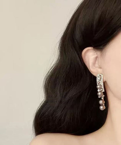 Rose Alloy Zircon Pearl Tassel Drop Earrings