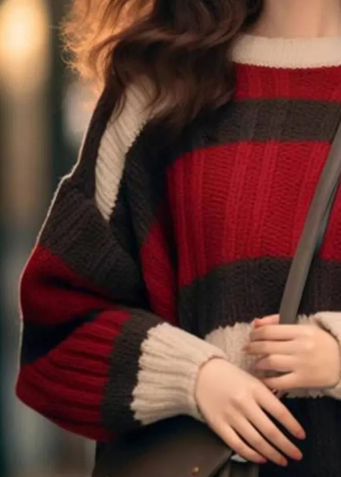 Red Striped Cozy Patchwork Knit Sweater Winter