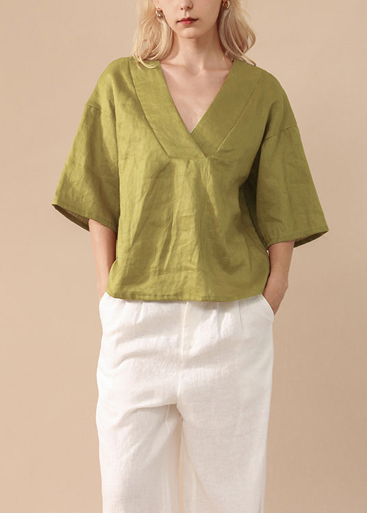 Simple Style Green V Neck Linen T Shirts Summer