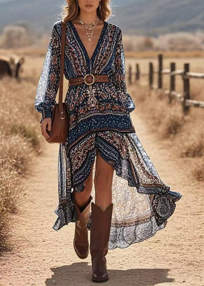 Navy Print Low High Design Vacation Long Dresses Lantern Sleeve