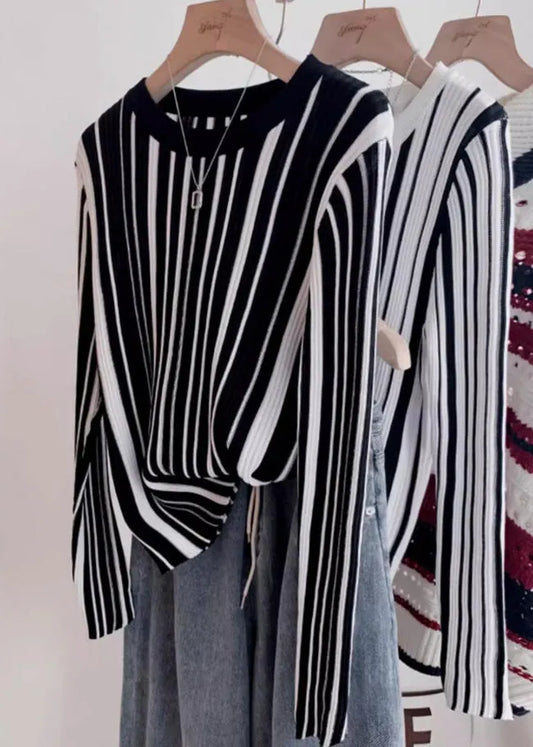 Italian O-neck Striped Knit Sweater Tops Fall