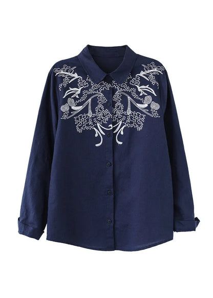 Navy Peter Pan Collar Button Shirt Long Sleeve