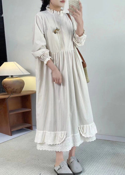 Apricot Stand Collar Ruffled Patchwork Wrinkled Long Dress Long Sleeve
