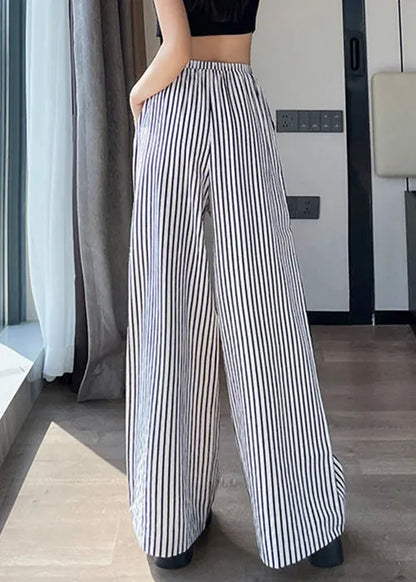 New White Striped Pockets High Waist Cotton Pants Summer