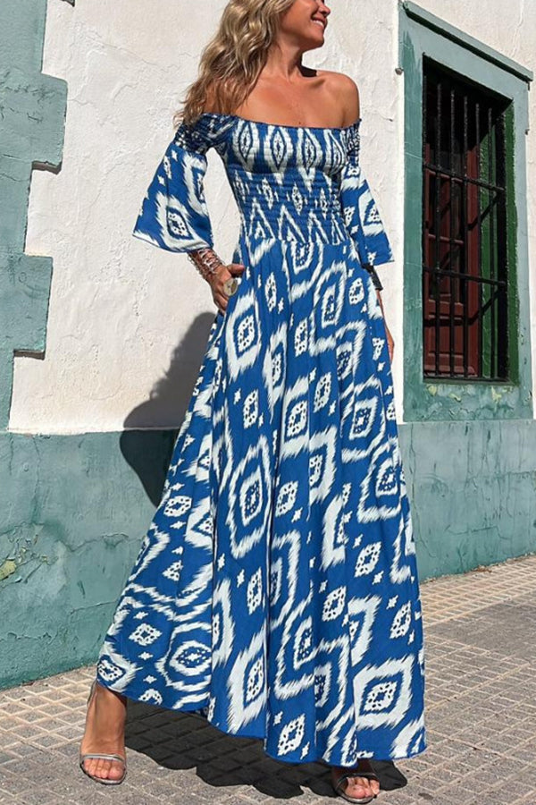 Close to the Vacation Print Smocked Off Shoulder Pocketed Maxi Dress