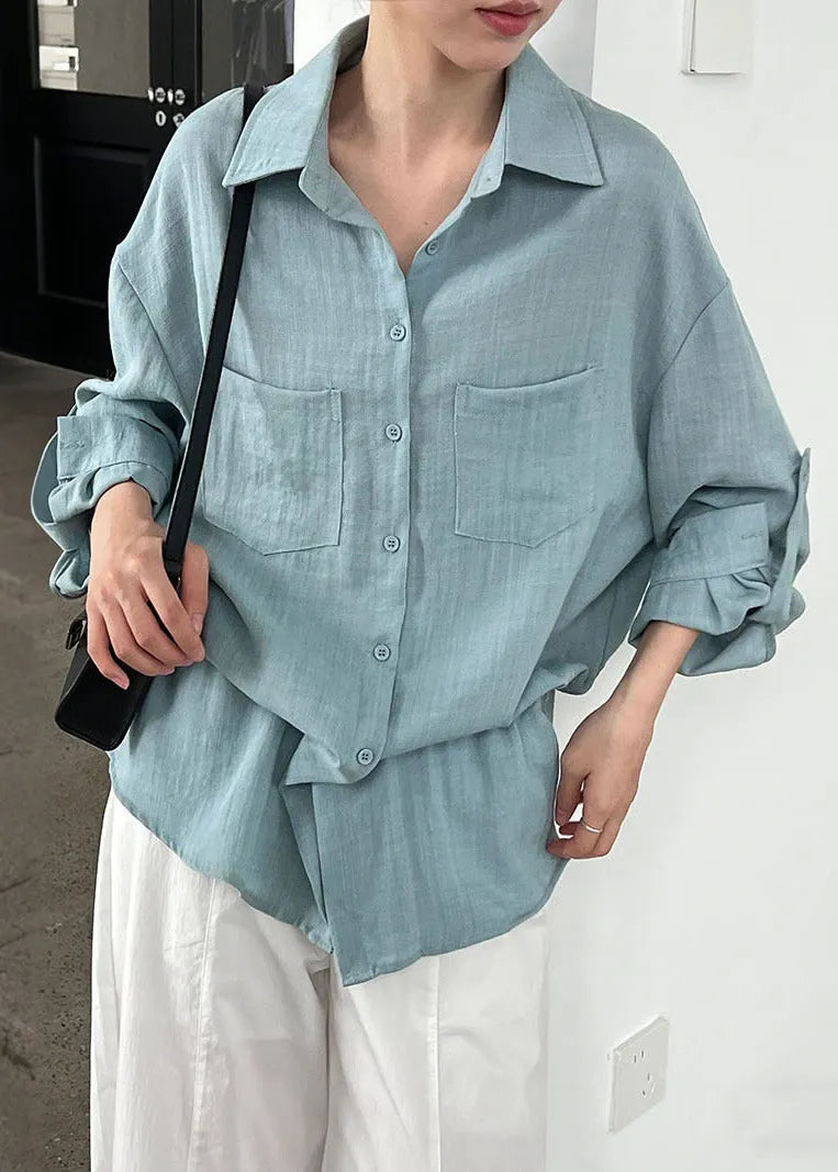 Sky Blue Oversized Cotton Top Drawstring Pockets Spring