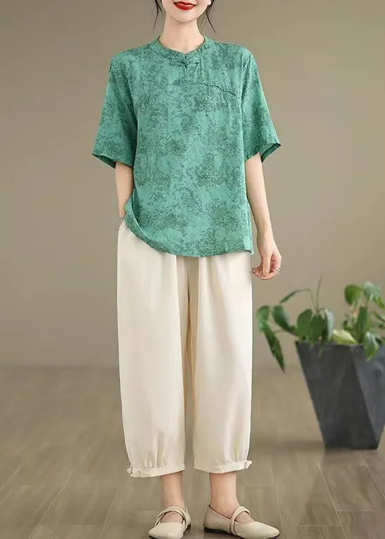 New Retro Green Print Cotton Oriental Tops Summer