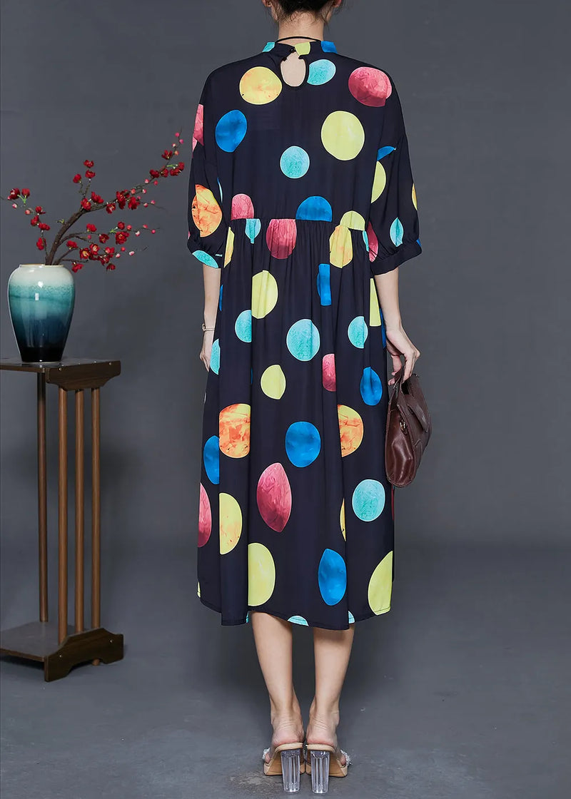 French Rainbow Print Mandarin Collar Silk Dress Summer