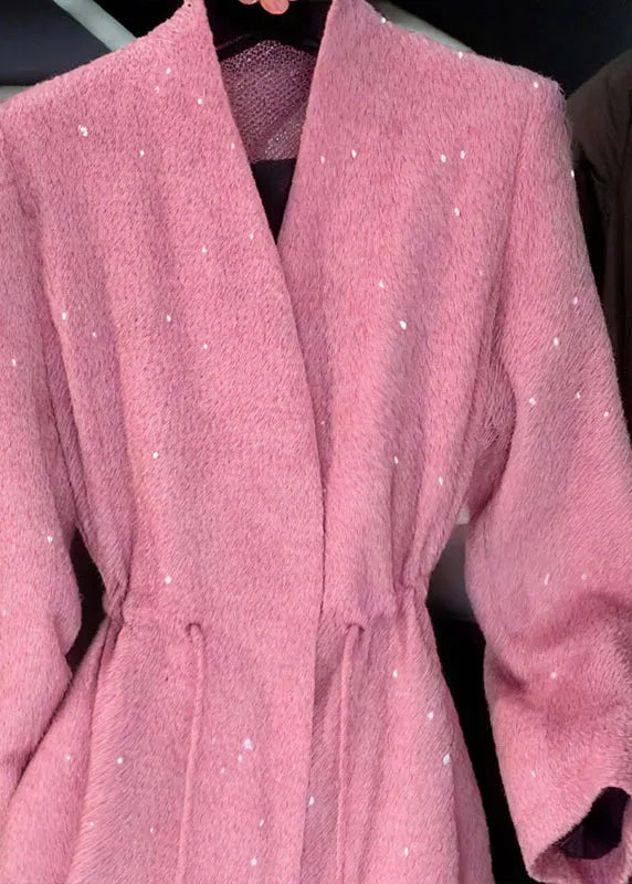 Pink V Neck Sequins Drawstring Coat Fall