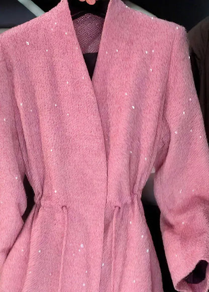 Pink V Neck Sequins Drawstring Coat Fall