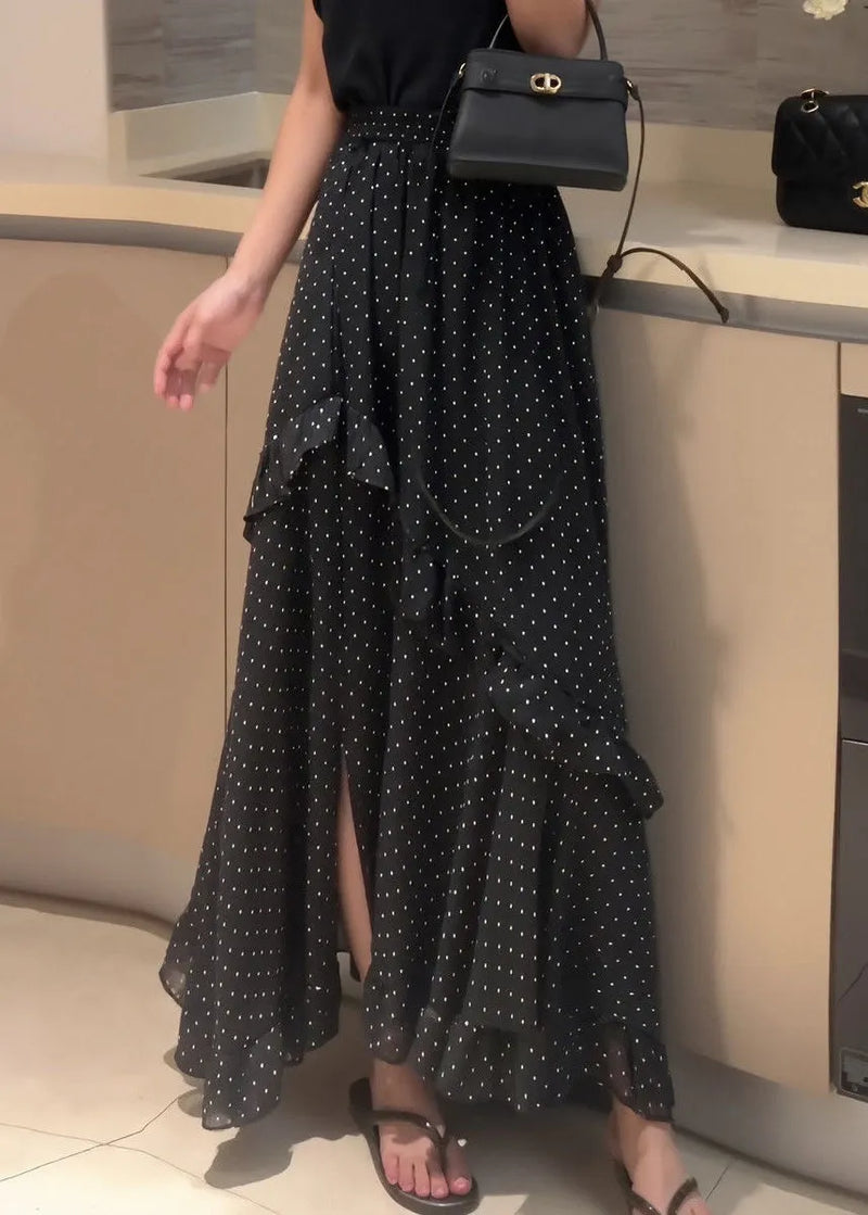 New Black Ruffled Dot Side Open Chiffon Skirt Summer