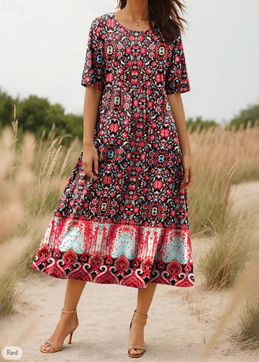 Red O Neck Print Cotton Long Dress Summer
