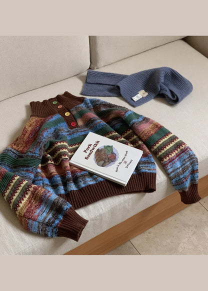 Stylish Hign Neck Striped Knit Short Sweater Winter