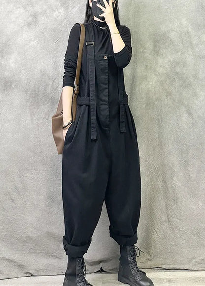 Coffee Pockets Patchwork Cotton Strap Pants Summer